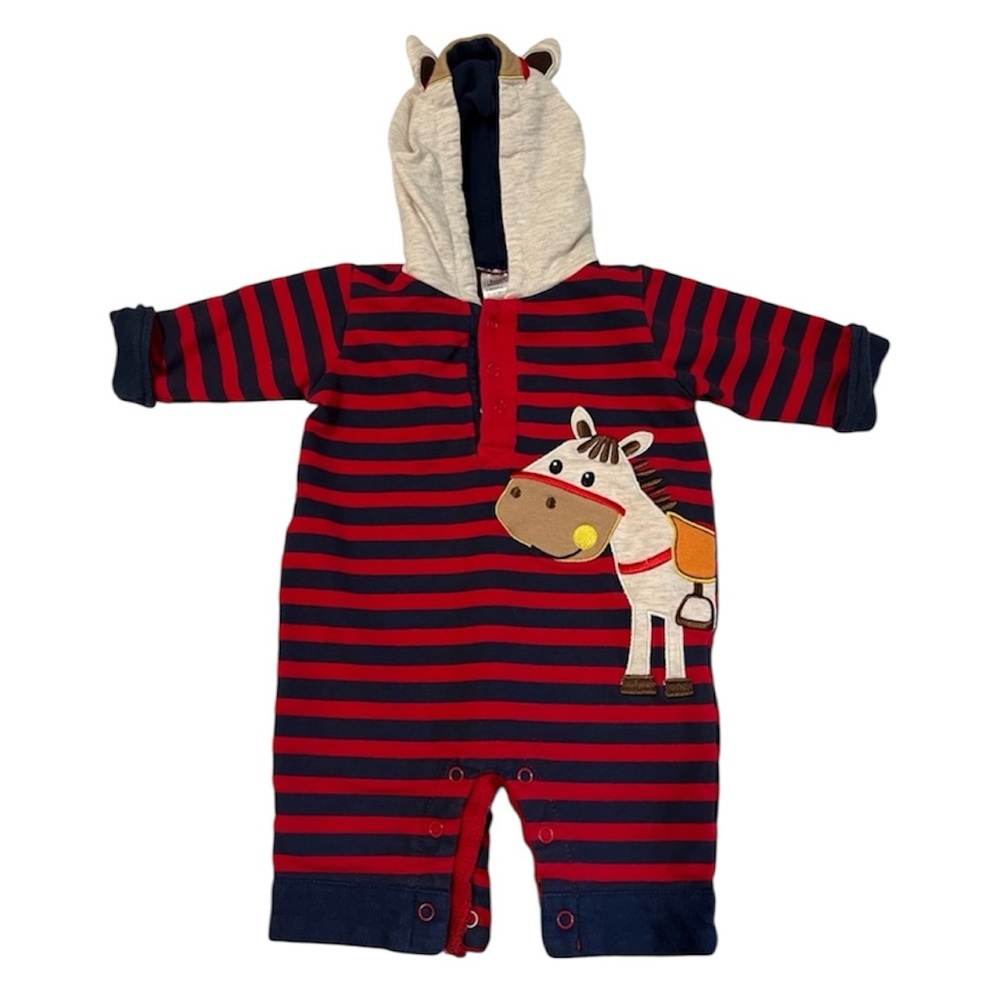 Striped Red and Navy Kids One Piece with Horse Design & Hood Size 3 Months